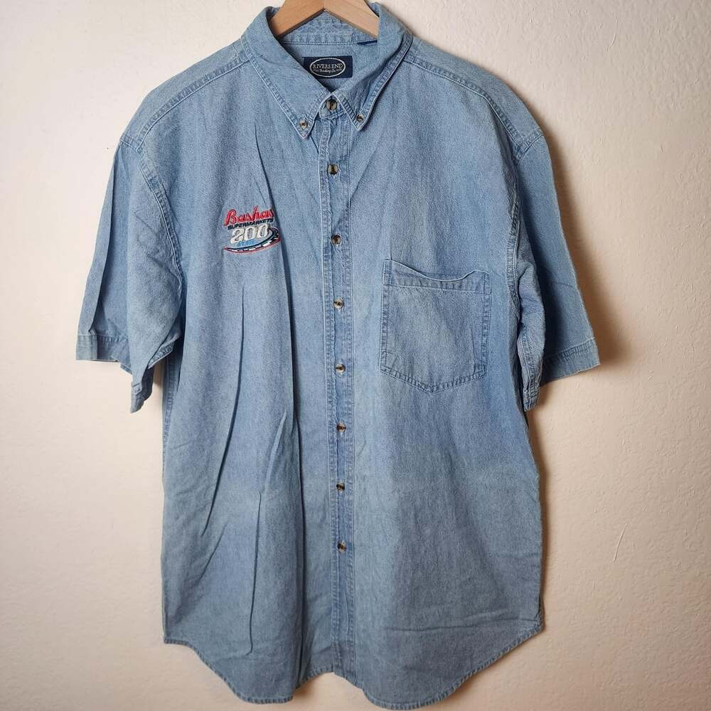 VTG Rivers End Shirt Mens XL Blue Denim Short Sleeve Bashas 200 Racing Button Up